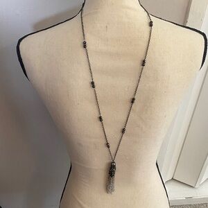 Long Black Beaded crystal Tassel Necklace